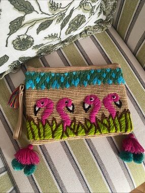 NWOT Natural Woven Flamino Embroidered Clutch Bag with Pom Poms